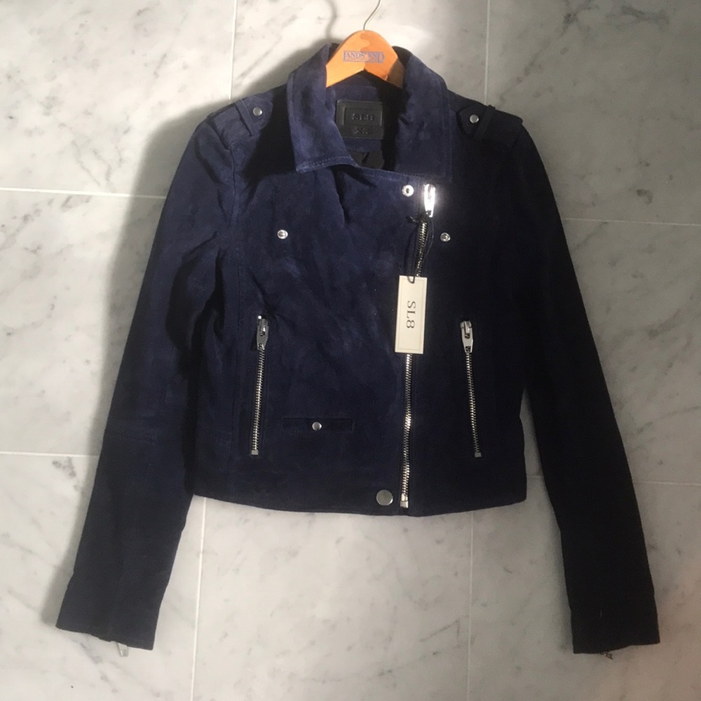 Xs navy leather suede biker jacket by SL8 NEW!
